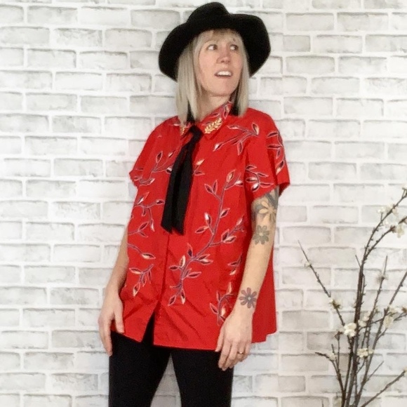 Vintage Tops - Vintage Together Red Embroidered Branches Top